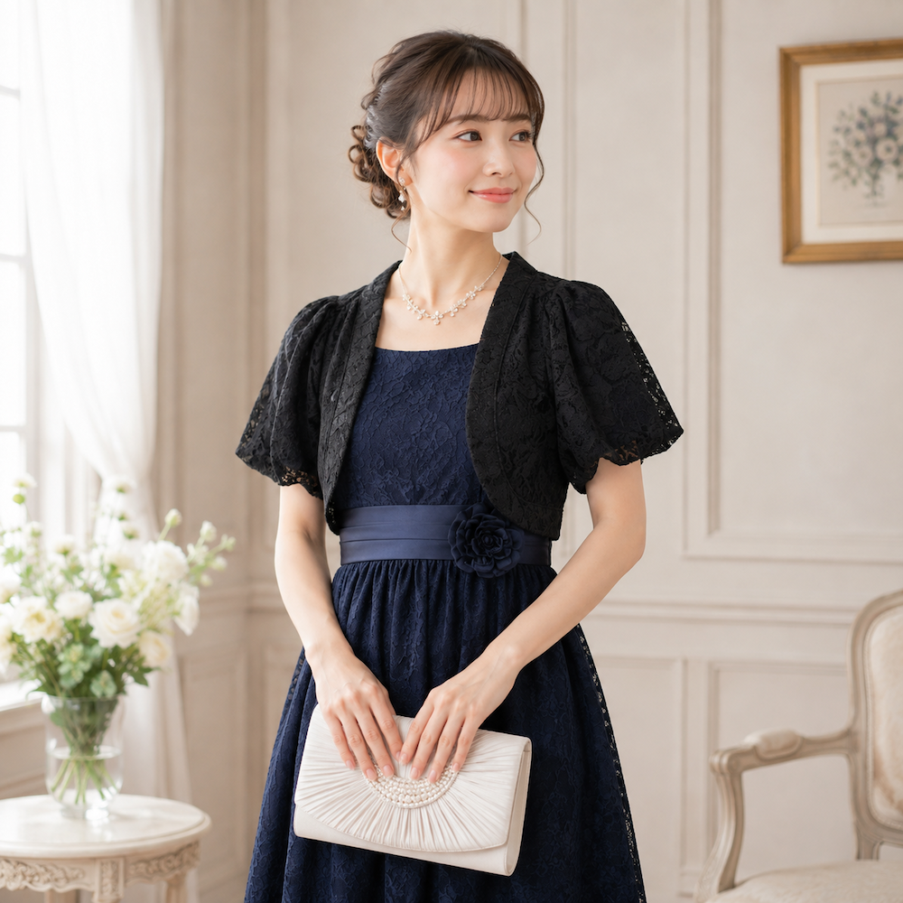 大きな花柄レースが美しい、上品なフォーマルボレロ
